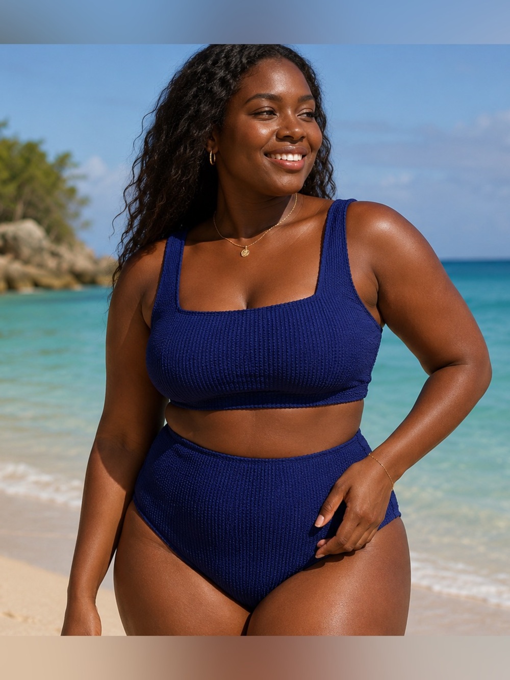 George Textured Crinkle Bikini Set Blue XL High Waist Two Piece Swimwear